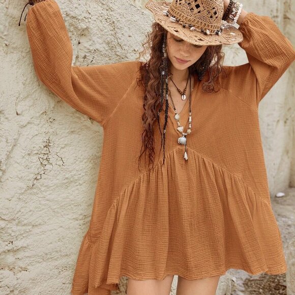 Khaki Boho Women's Lantern Sleeve Back Tie-Up Dress Clothing - Picture 3 of 8